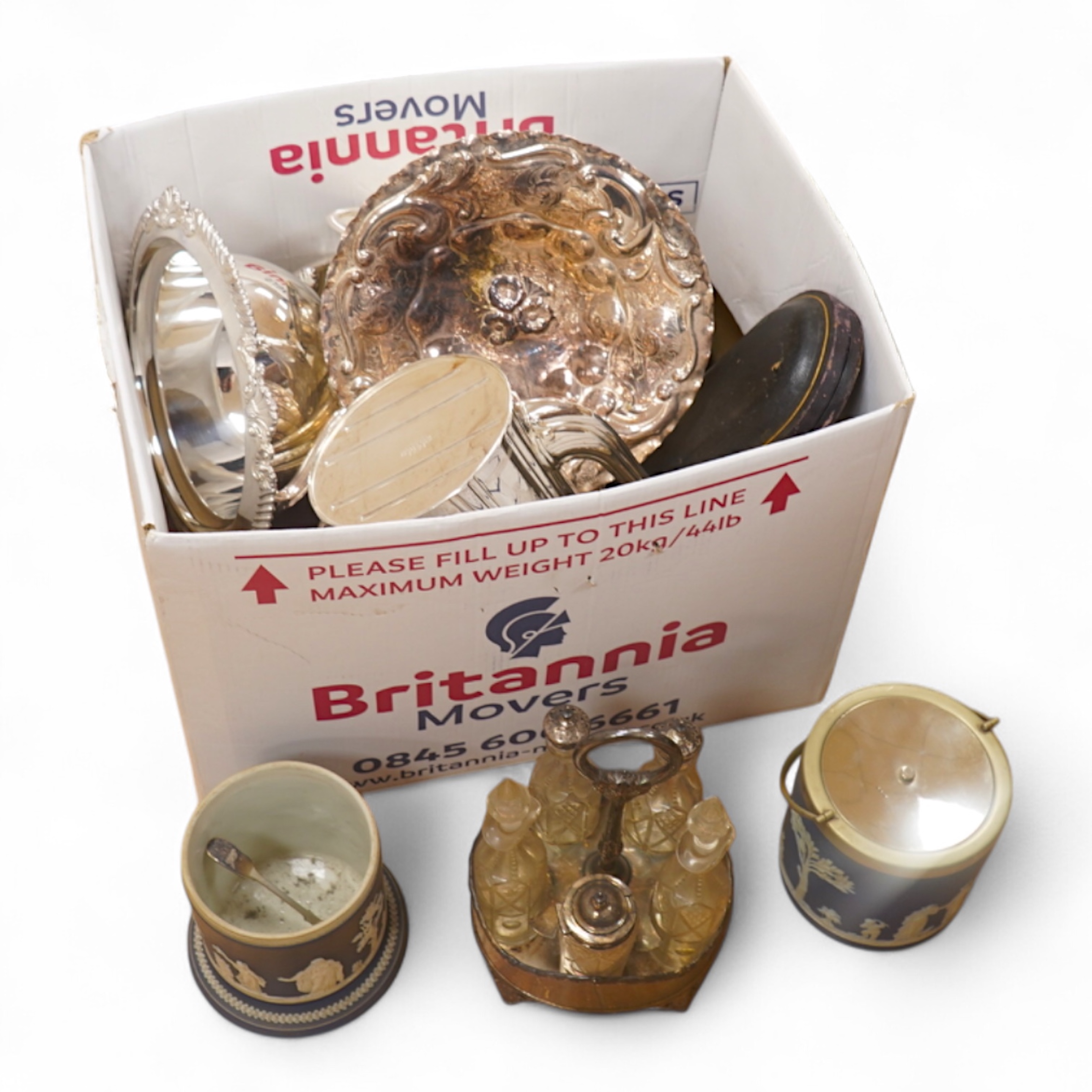 A collection of plated items, including a pair of candle holders, coffee pot, a jasper ware biscuit box and similar pot without cover. Condition - varies